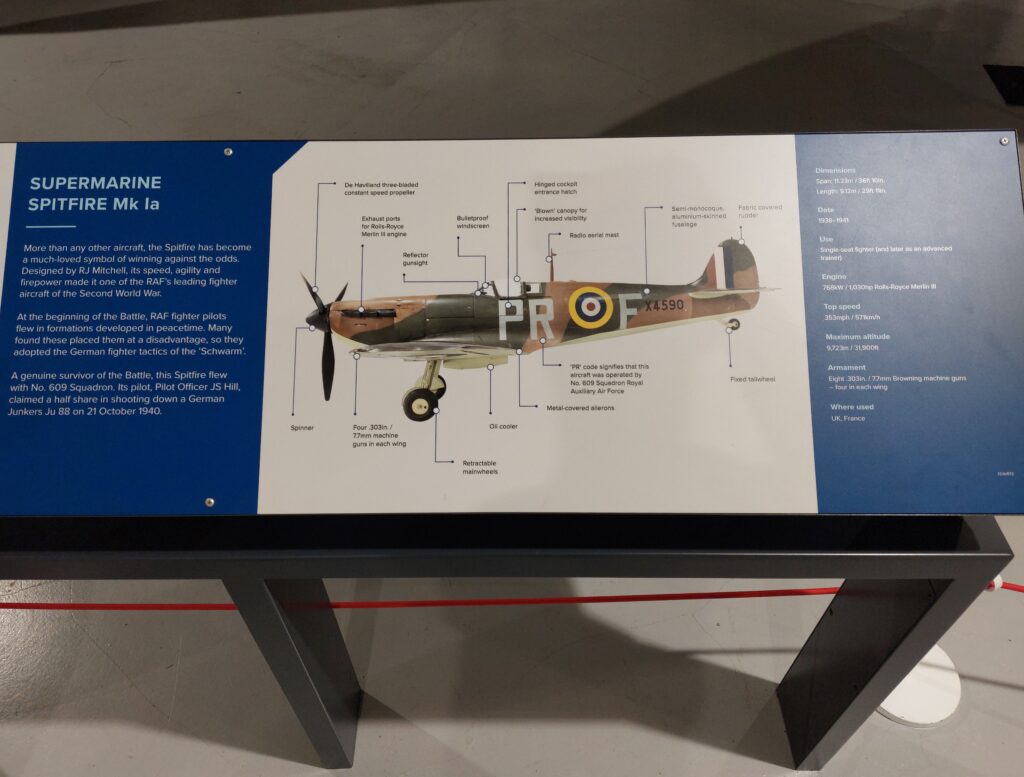 Photograph of a text panel explaining the parts of a Spitfire aircraft.