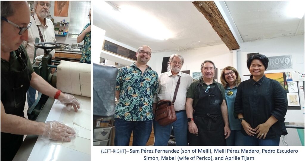 Left photograph: a man demonstrating printing process.
Right photograph: 5 people stood together smiling.