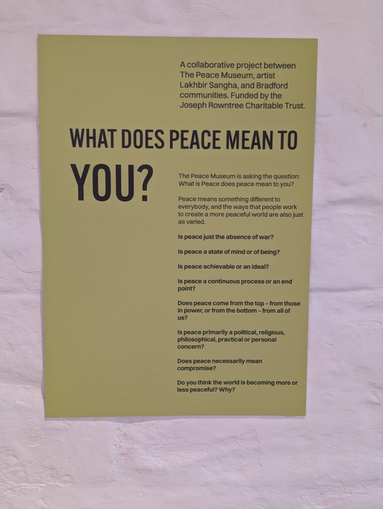 Text panel saying 'what does peace mean to you?'