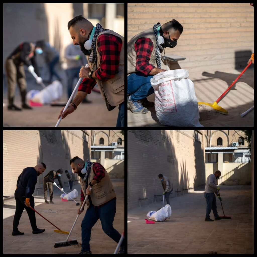 Photo collage of people cleaning a building.