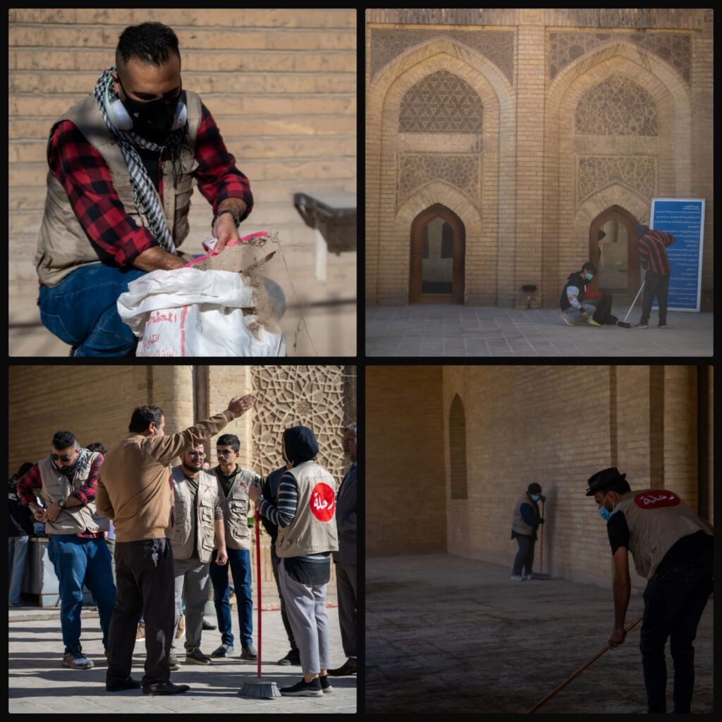 Photo collage of people cleaning a building.