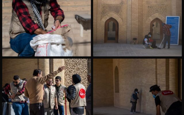 Photo collage of people cleaning a building.