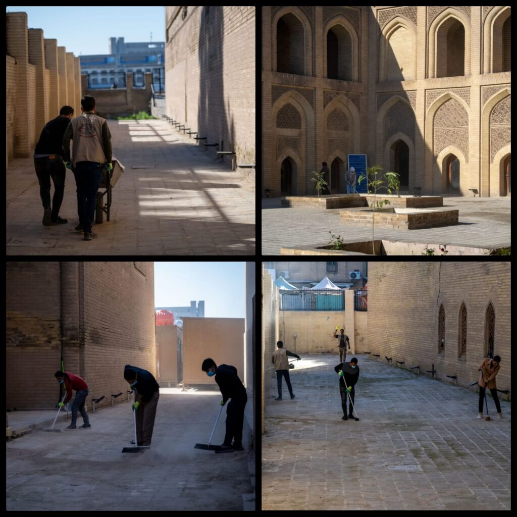 Photo collage of people cleaning a building.