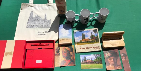 Photograph of different souvenirs on a table.